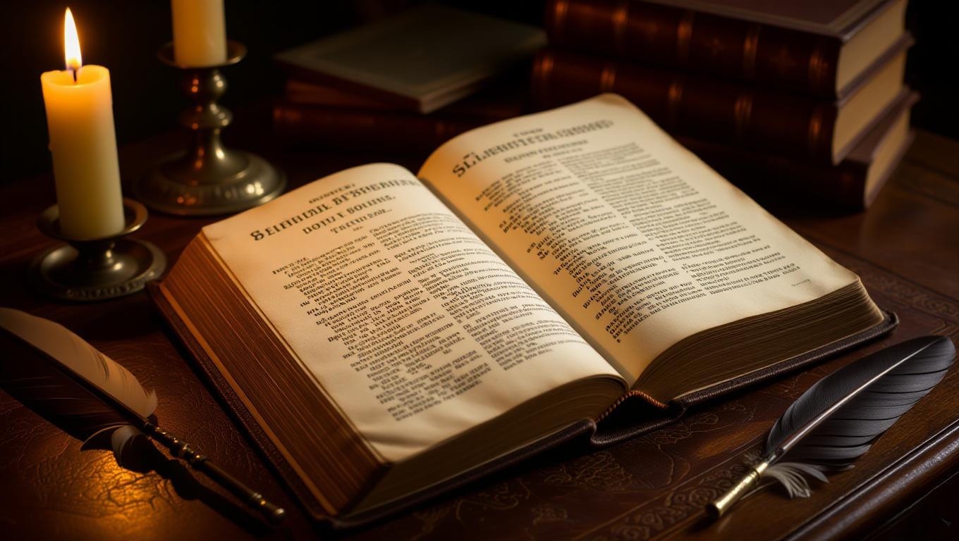 Open Shakespeare playbook with quill and candlelight for eulogy inspiration.