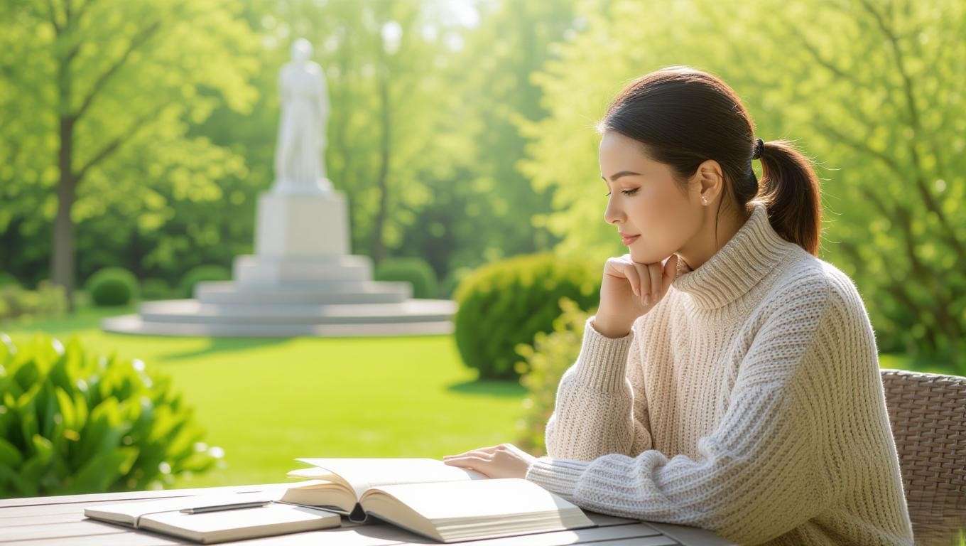 Person reading in a garden with notebook and memorial statue for eulogy resources
