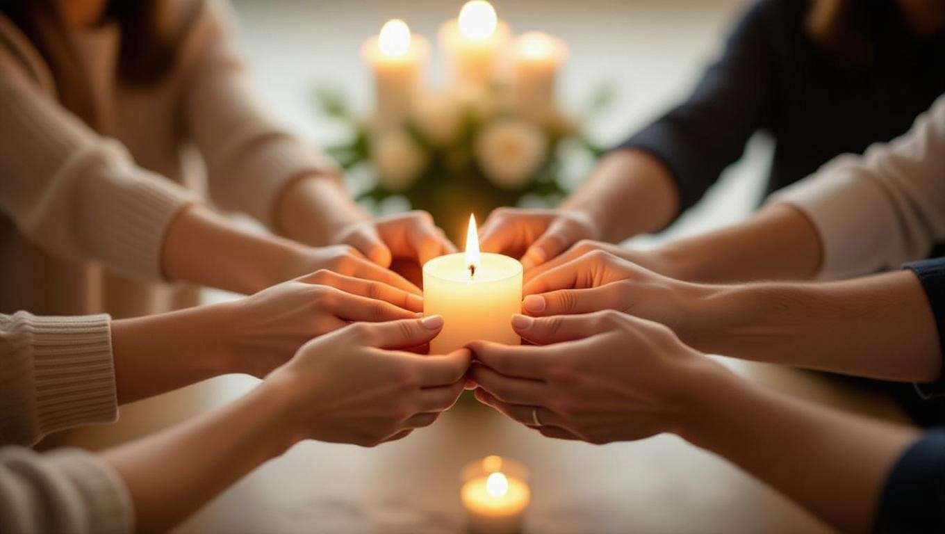 Hands holding a candle in a circle at a memorial service for closure