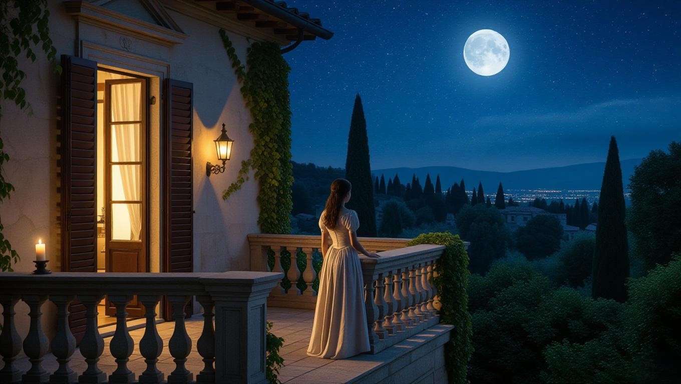 A young woman stands on a moonlit stone balcony of a Renaissance Italian villa, surrounded by a starry night sky and a lush garden, evoking the romantic setting of Juliet’s monologue in Romeo and Juliet.