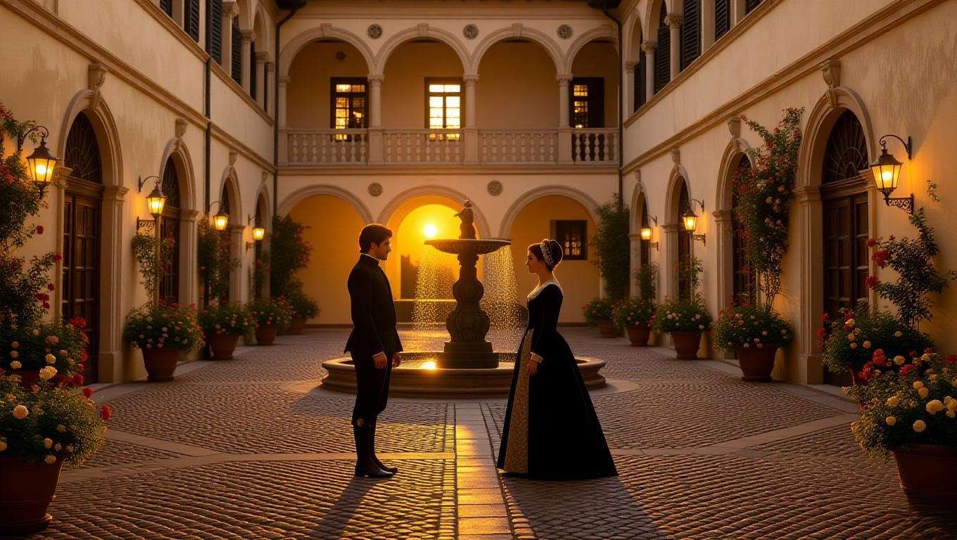 A Renaissance Italian courtyard at twilight with a young couple in Elizabethan attire, standing apart amidst roses and a fountain, symbolizing the romantic and societal tensions in Romeo and Juliet