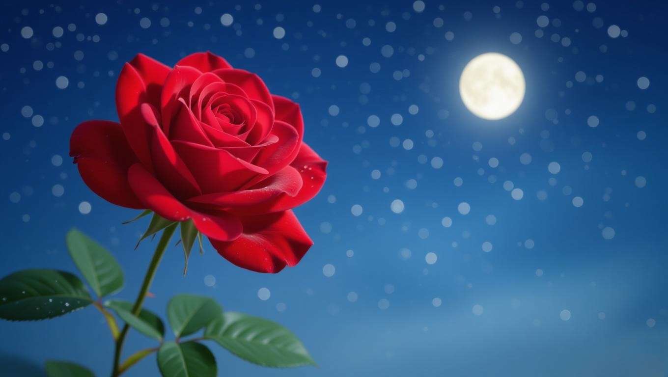 A vibrant red rose under moonlight against a starry night sky, symbolizing the poetic metaphor of identity in Juliet’s monologue from Romeo and Juliet.