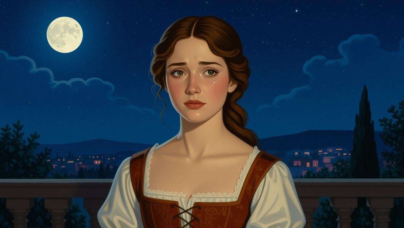 A young woman with expressive eyes on a moonlit balcony, her face reflecting longing and courage, capturing Juliet’s emotional depth in Romeo and Juliet.