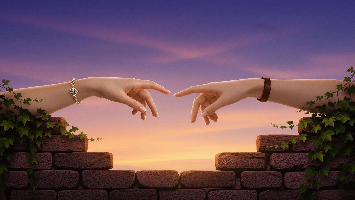Two hands reaching across a stone wall under a twilight sky, symbolizing the societal barriers between lovers in Romeo and Juliet
