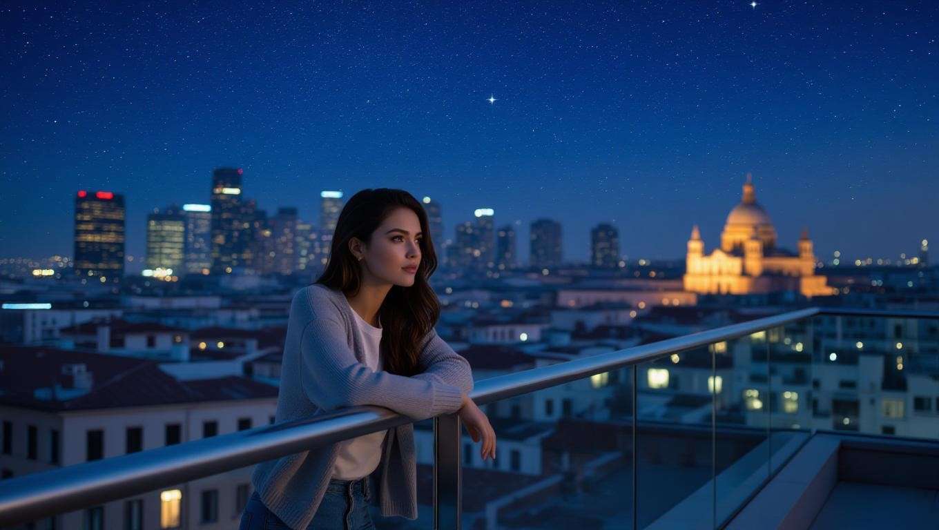 A young woman on a modern urban balcony gazing at a city skyline, reflecting the timeless themes of love and identity in Juliet’s monologue from Romeo and Juliet.