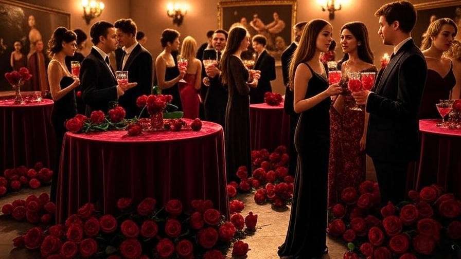 Elegant candlelit room with Renaissance decor and people enjoying rose-infused cocktails at a Juliet Happy Hour event.
