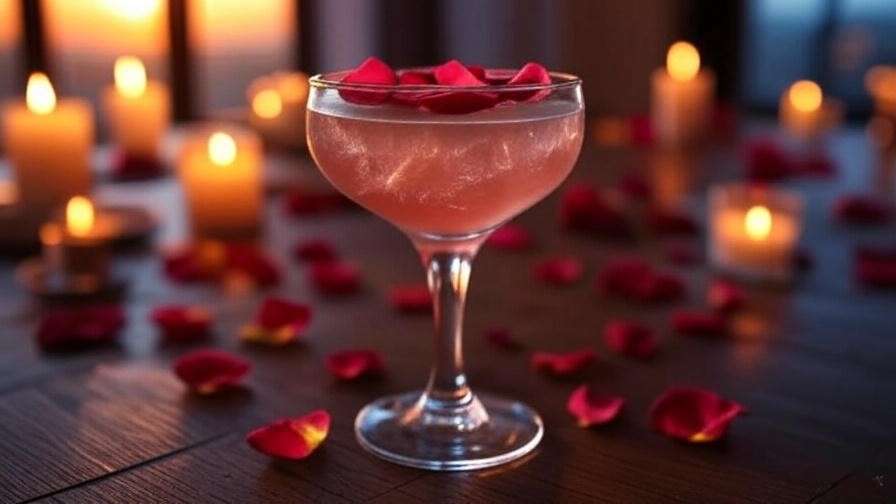 Close-up of Juliet’s Elixir cocktail with rose petals and candles at a Juliet Happy Hour.