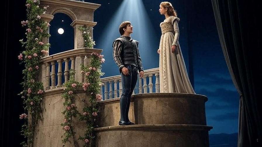 Theater performance of Romeo and Juliet balcony scene at a Juliet Happy Hour inspiration.