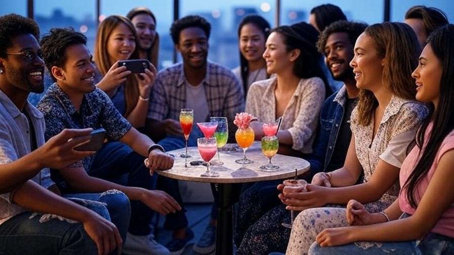 Group taking photos of cocktails and roses at a Juliet Happy Hour social media event