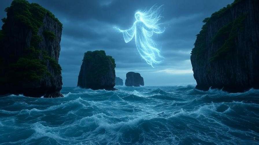 Stormy island with magical figure for The Tempest play synopsis