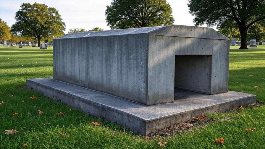 Concrete burial vault in a serene cemetery for sale, durable and affordable option.