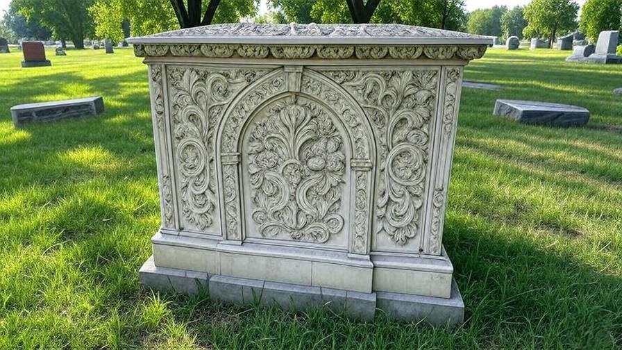Customized burial vault for sale with intricate designs in a serene cemetery.