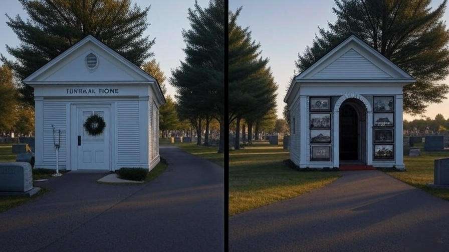 Funeral home and online options for purchasing burial vaults in a cemetery setting.