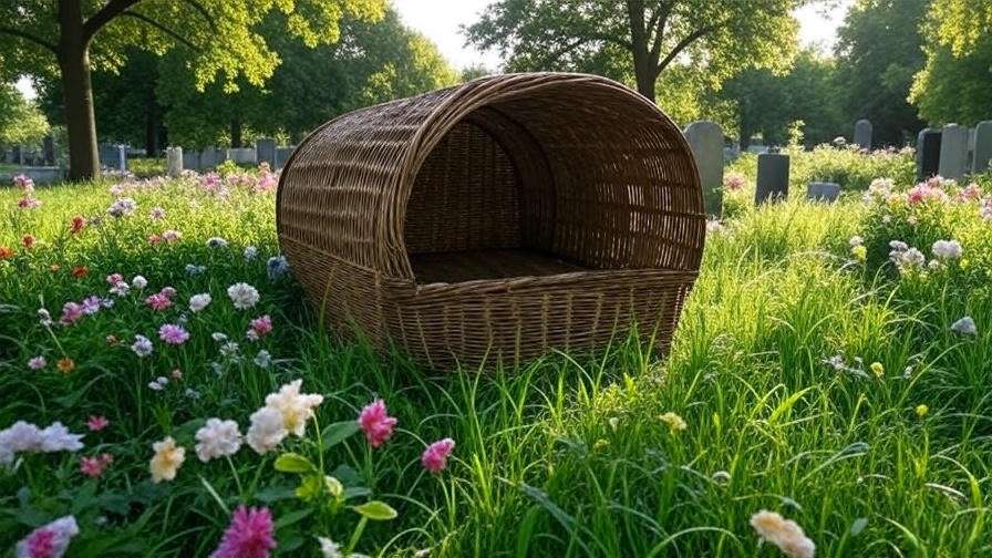 Eco-friendly biodegradable burial vault for sale in a natural cemetery environment.