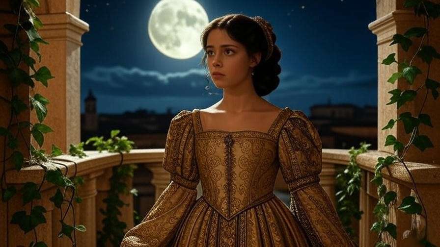 Young Juliet Capulet on a moonlit balcony in Verona, symbolizing her emotional depth and defiance.