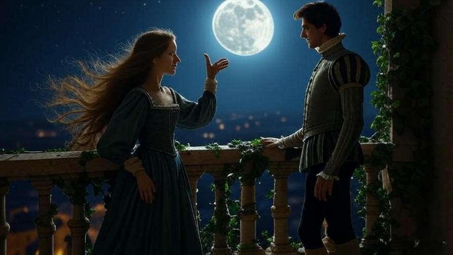 Silhouette of Juliet and Romeo on a starry balcony in Verona, symbolizing their secret love.