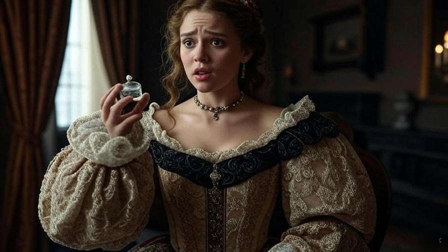 Juliet Capulet holding a vial with fear and resolve in a Renaissance room.