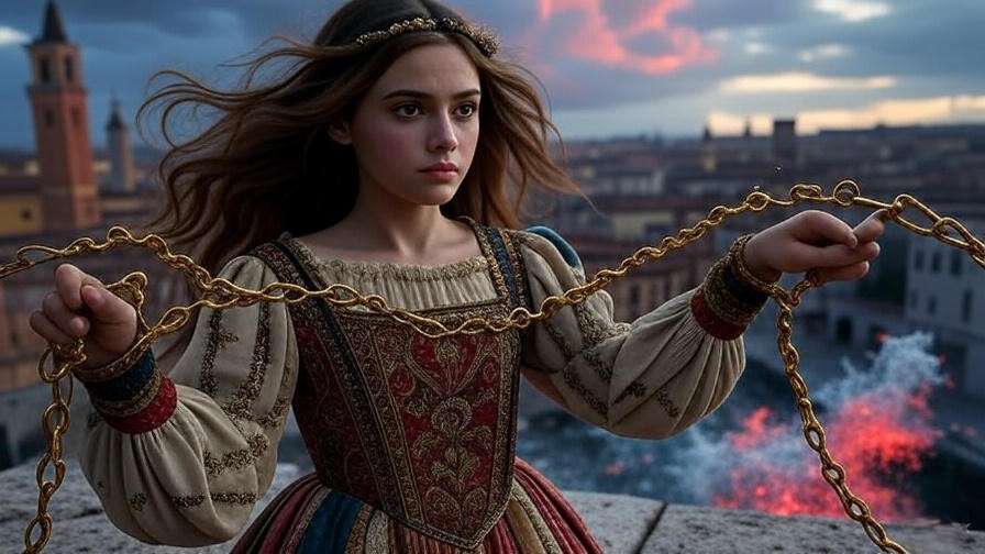 Juliet Capulet breaking free from chains, symbolizing her defiant love in Verona.