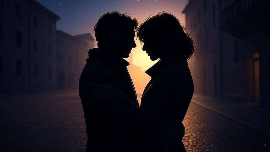 Silhouetted couple embracing in a misty Verona street at twilight, evoking the tragic romance of Romeo and Juliet