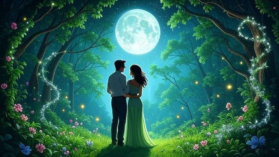 Whimsical enchanted forest with silhouetted lovers under moonlight, reflecting the joyful romance of A Midsummer Night’s Dream