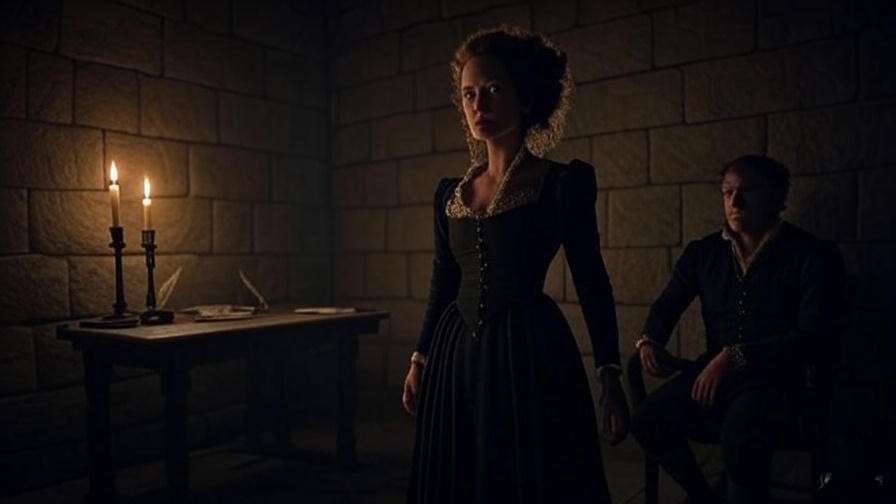 Dramatic confrontation between two figures in an Elizabethan room, capturing the complex romance of Measure for Measure