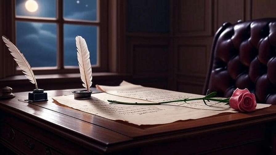 Poetic study scene with a quill, rose, and parchment under moonlight, evoking Shakespeare’s vivid language for love story summaries.