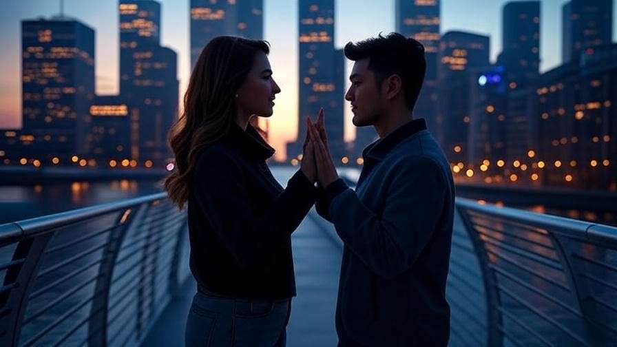Modern couple on a city bridge at dusk, blending Shakespearean romance with contemporary love story themes