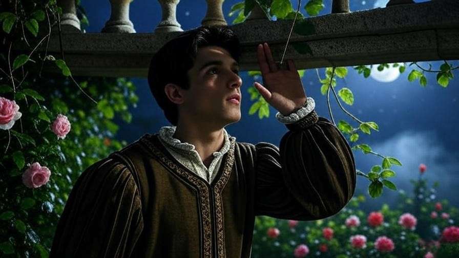 A young man in Renaissance attire stands in a moonlit garden, gazing upward with passion beneath a stone balcony, surrounded by roses and starry skies