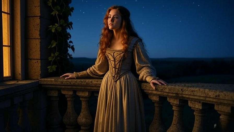 A young woman in a Renaissance gown stands on a moonlit stone balcony, her face filled with courage and longing, surrounded by ivy and starry skies.
