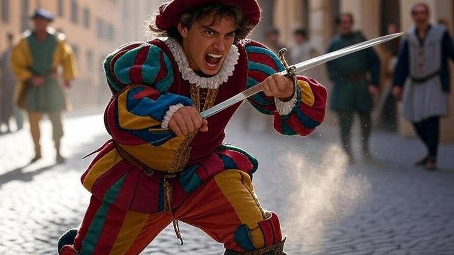A vibrant young man in Renaissance attire duels with a sword on a cobblestone Verona street, his face fierce and dynamic against a backdrop of historic architecture.