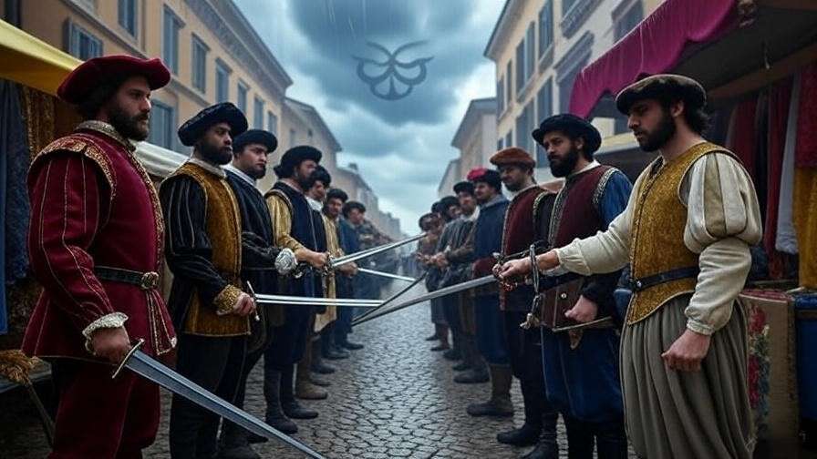 Two groups of Renaissance figures face off in a tense standoff in a Verona marketplace, holding swords under a stormy sky, symbolizing the Montague-Capulet feud.