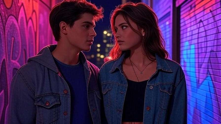 Two young lovers stand close in a neon-lit urban alley with graffiti walls, their faces radiant with passion in a modern retelling of Romeo and Juliet.