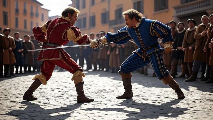 Tybalt and Benvolio sword fight in Verona street scene from Romeo and Juliet