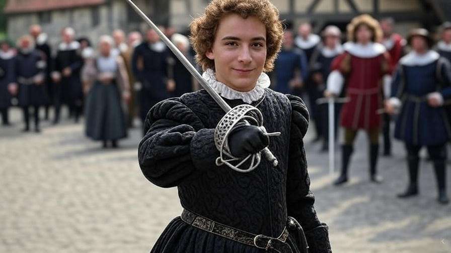 Elizabethan duel scene with nobleman and rapier in historical setting.