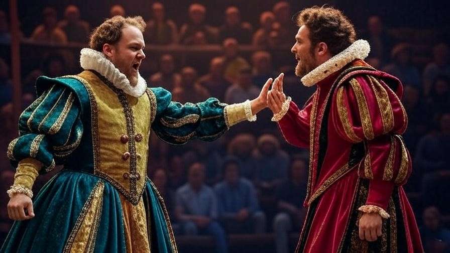 Theatrical performance of Tybalt and Benvolio confrontation in Shakespeare play.
