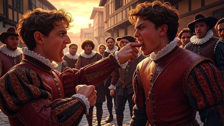 Dramatic Elizabethan street brawl scene with thumb-biting insult from Shakespeare's Romeo and Juliet, historical theater illustration