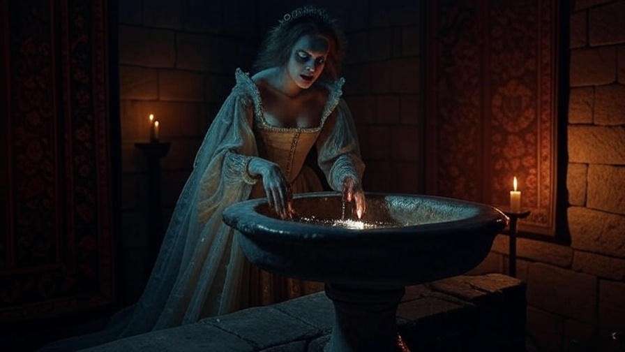 Lady Macbeth washing bloodstained hands in Shakespeare's Macbeth, symbolic guilt and Elizabethan tragedy artwork