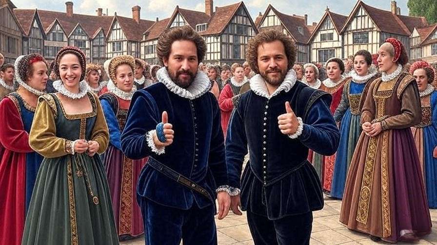 Elizabethan England folklore scene with thumb rings and superstitious gestures, Shakespearean cultural history illustration.