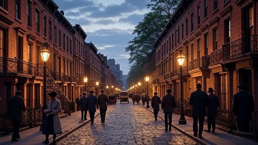 Historical illustration of 19th-century Brooklyn Heights street life, capturing cultural hub atmosphere in Montague St area