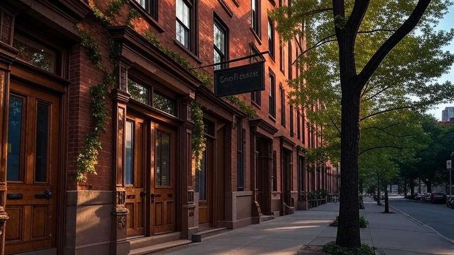 Photorealistic view of 195 Montague St building facade in 19th-century Brooklyn, highlighting its bookstore heritage.