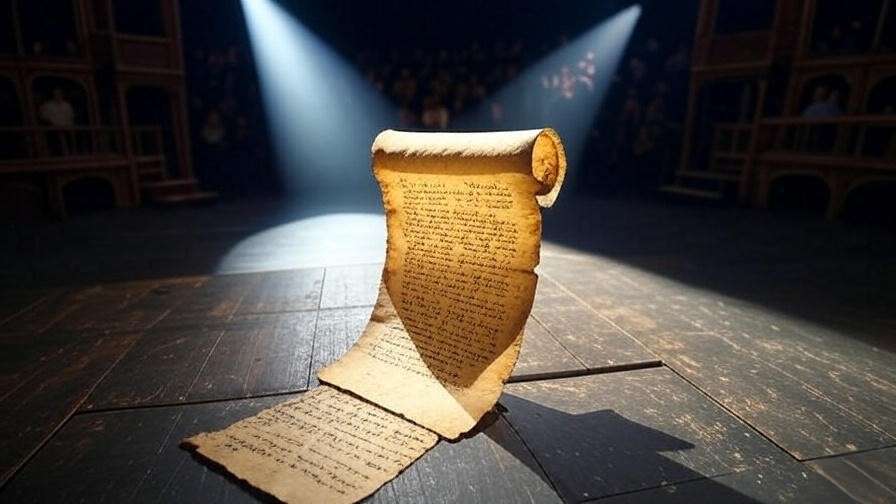 Elizabethan theater stage with parchment script, representing Shakespeare’s tragedies.