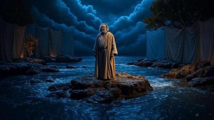 Theatrical stage evoking Shakespeare's The Tempest with magical island atmosphere for free one act plays.