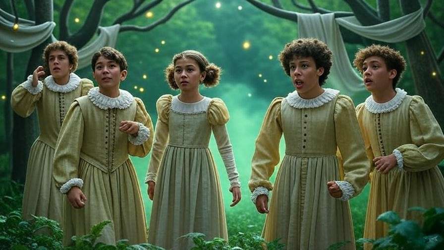 Whimsical forest scene from free Shakespeare one act play A Midsummer Night's Dream for theater enthusiasts.