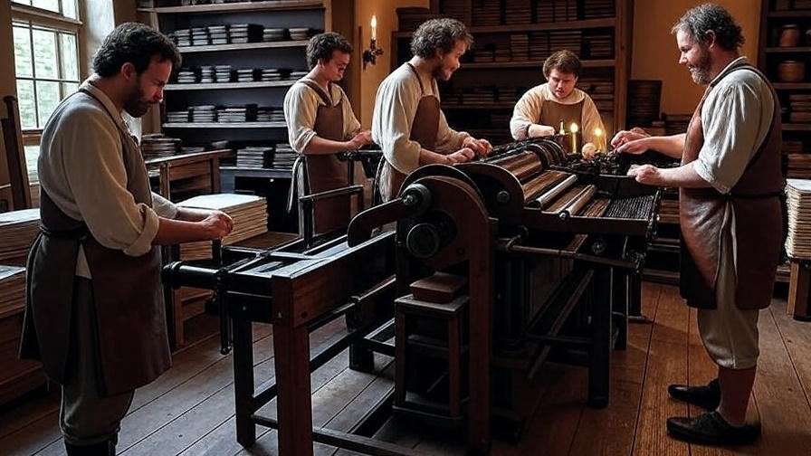 Elizabethan printing press workshop illustrating the evolution of Early Modern English vocabulary and spelling in Shakespeare's era.