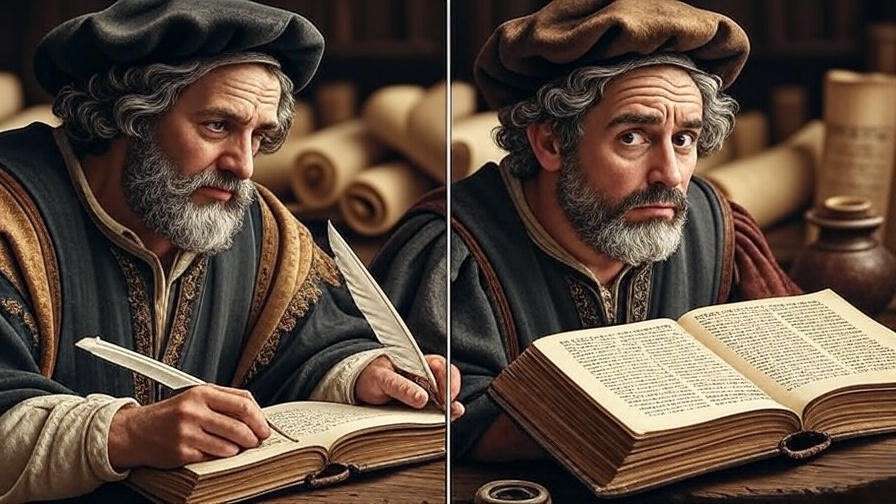 Scholar and modern reader decoding Early Modern English examples from Shakespeare, highlighting vocabulary differences in Renaissance literature.