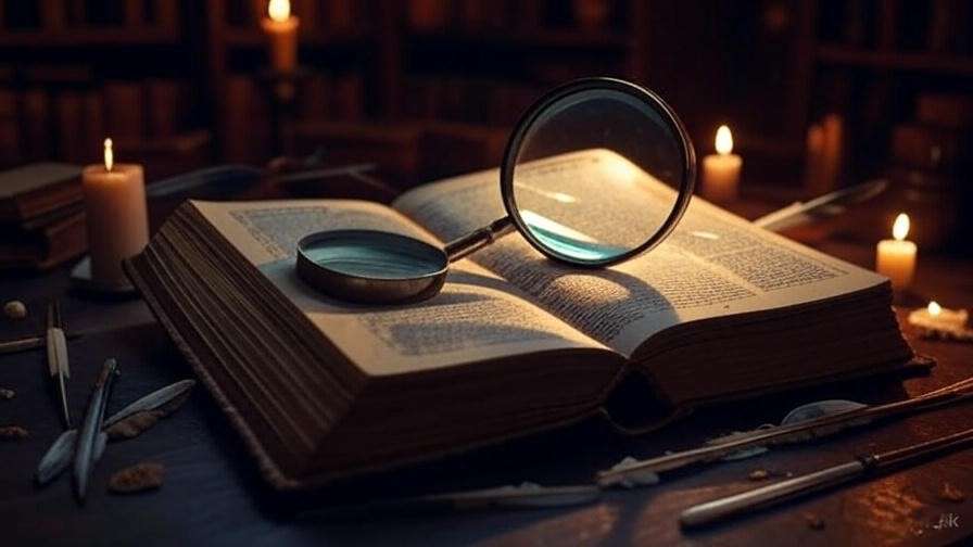 Magnifying glass over ancient book for decoding Early Modern English tips in Shakespeare's works, Renaissance language guide.