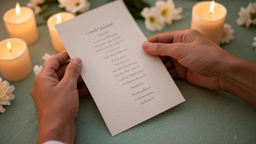 Close-up of hands holding funeral program with Let Me Go poem, surrounded by candles and flowers.