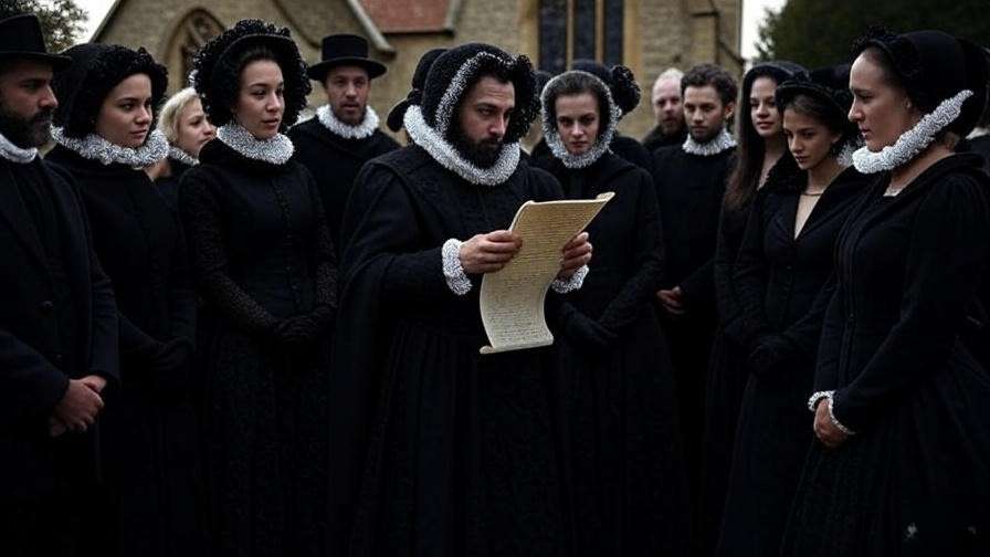 Historical Elizabethan funeral with poet reciting, mourners, and old English church.