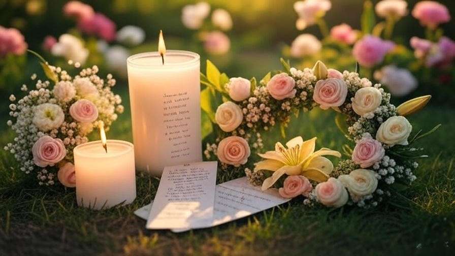 Memorial keepsakes with candle, bookmark, and floral wreath in a garden setting.
