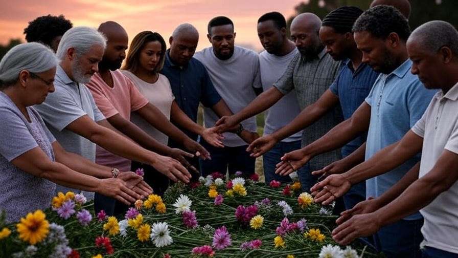Diverse group holding hands at funeral with sunset sky and flowers.